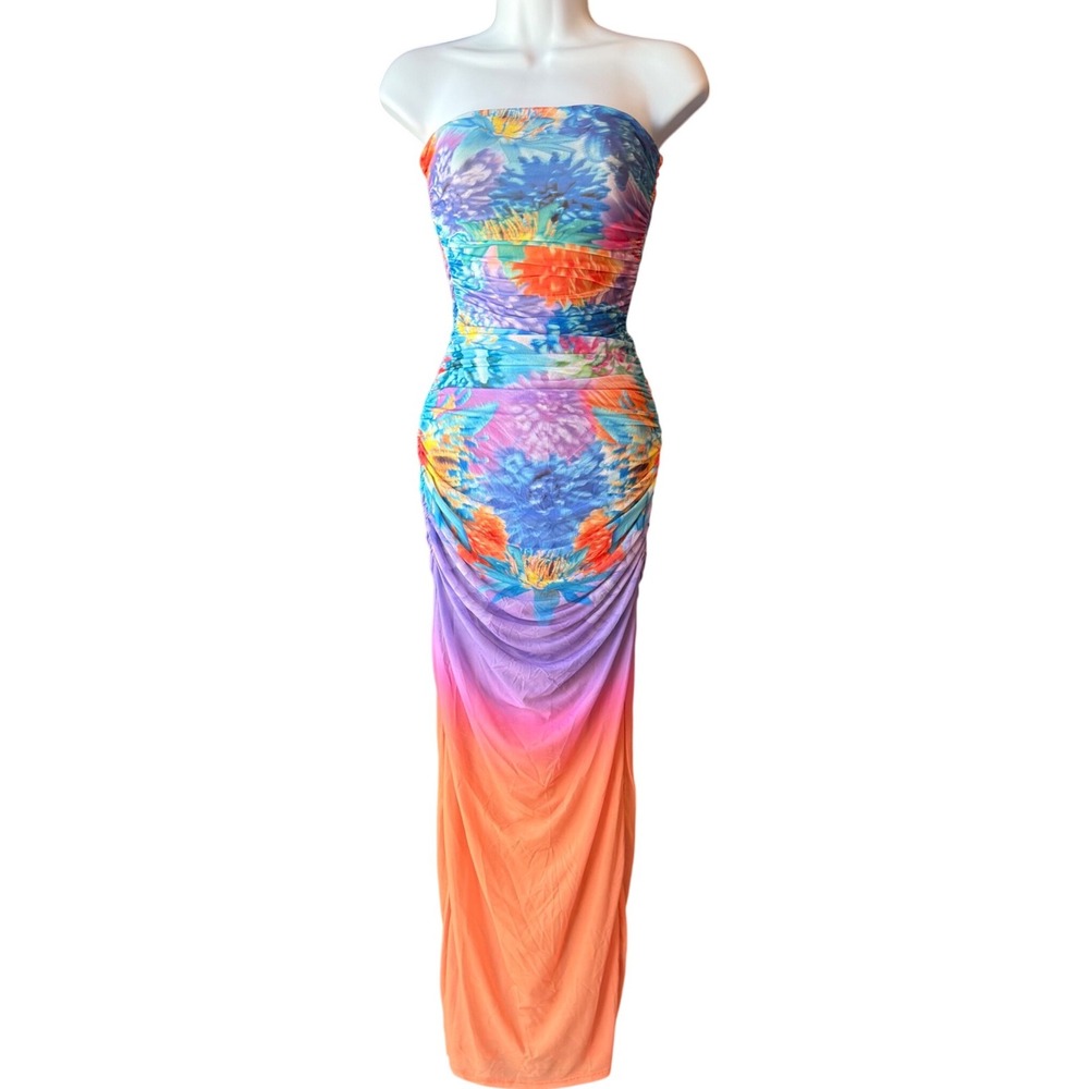 AFRM Marlo Strapless Ruched Maxi Dress Neon Botanical Size XSmall New With Tag